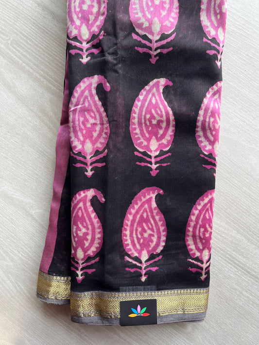 Blacl Handblock Printed Zari Border Chanderi Cotton Silk Saree -30579