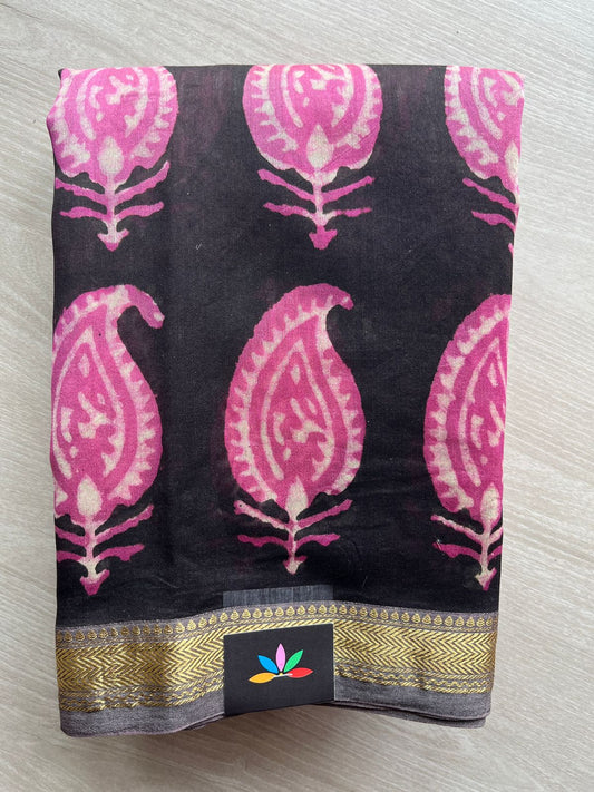 Blacl Handblock Printed Zari Border Chanderi Cotton Silk Saree -30579