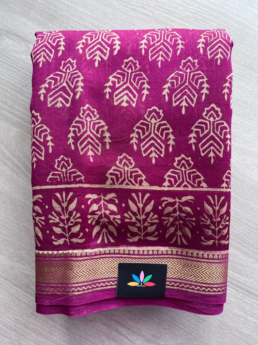 Handblock Printed Zari Border Chanderi Cotton Silk Saree -31387