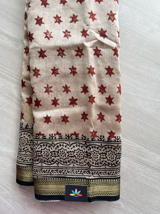 Handblock Printed Zari Border Chanderi Cotton Silk Saree -31388
