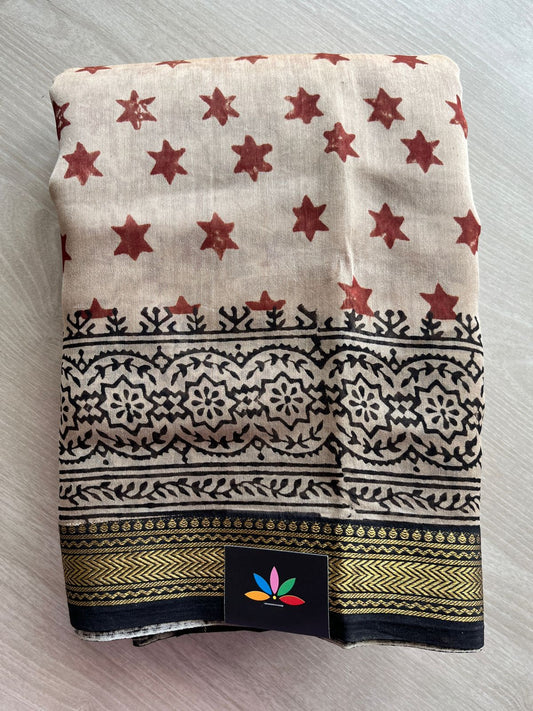 Handblock Printed Zari Border Chanderi Cotton Silk Saree -31388