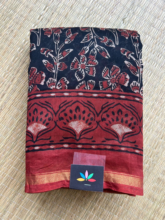 Black Handblock Printed Chanderi Cotton Silk Saree - 32620