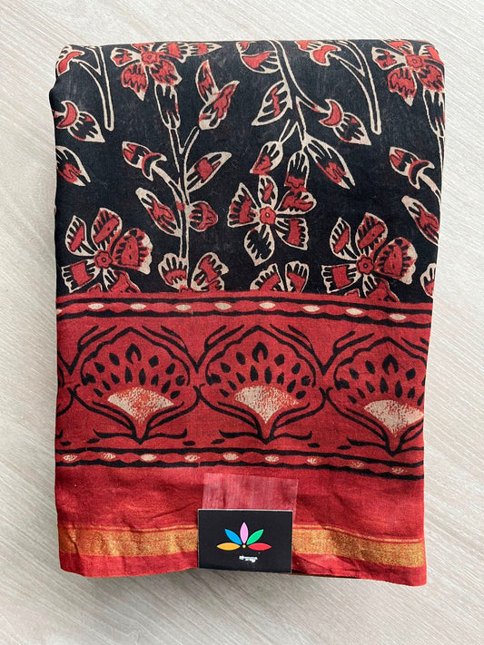 Black Handblock Printed Chanderi Cotton Silk Saree - 32620