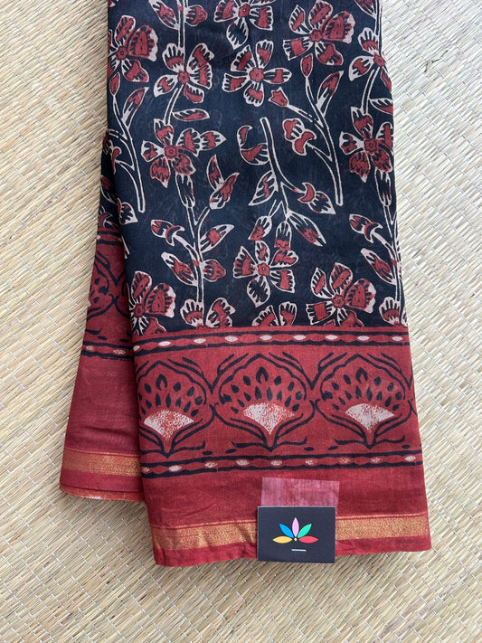 Black Handblock Printed Chanderi Cotton Silk Saree - 32620
