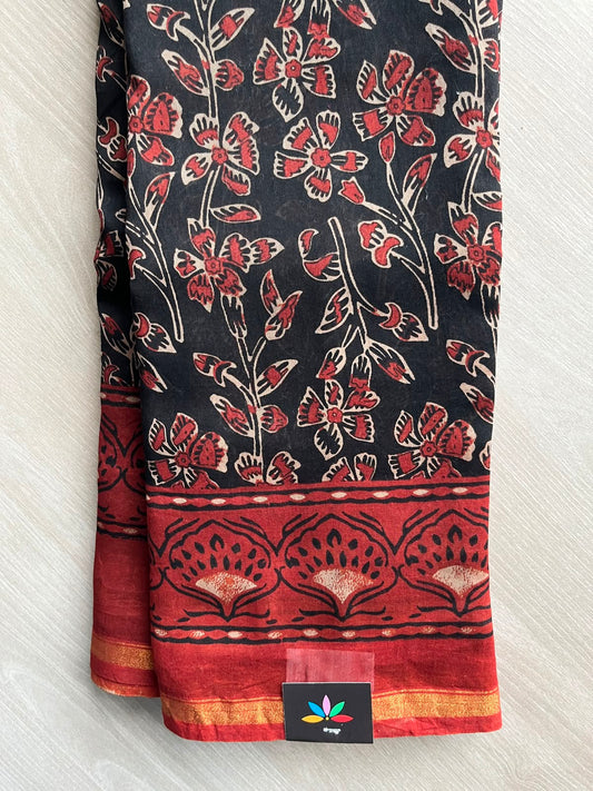 Black Handblock Printed Chanderi Cotton Silk Saree - 32620