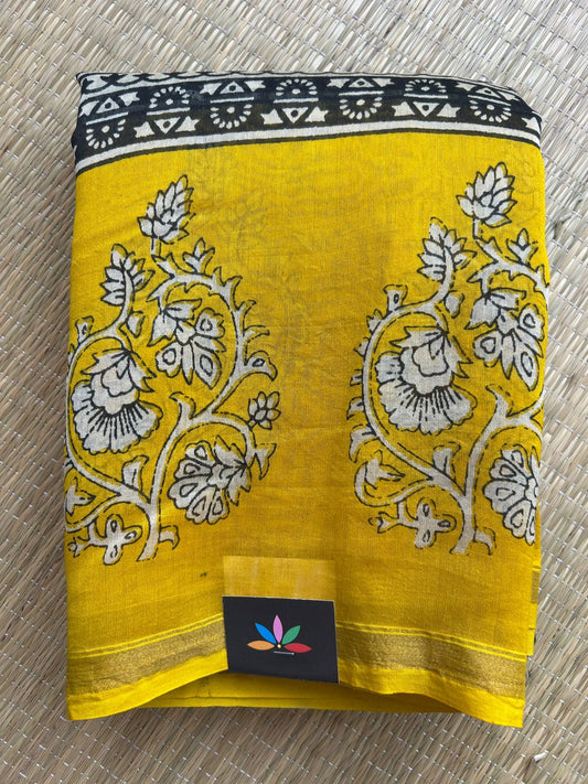 Off-White & Bright Yellow Handblock Printed Chanderi Cotton Silk Saree - 32622