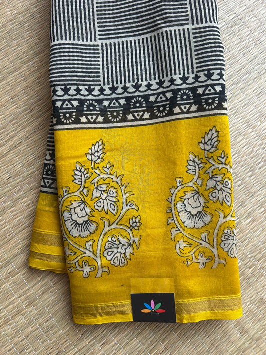Off-White & Bright Yellow Handblock Printed Chanderi Cotton Silk Saree - 32622