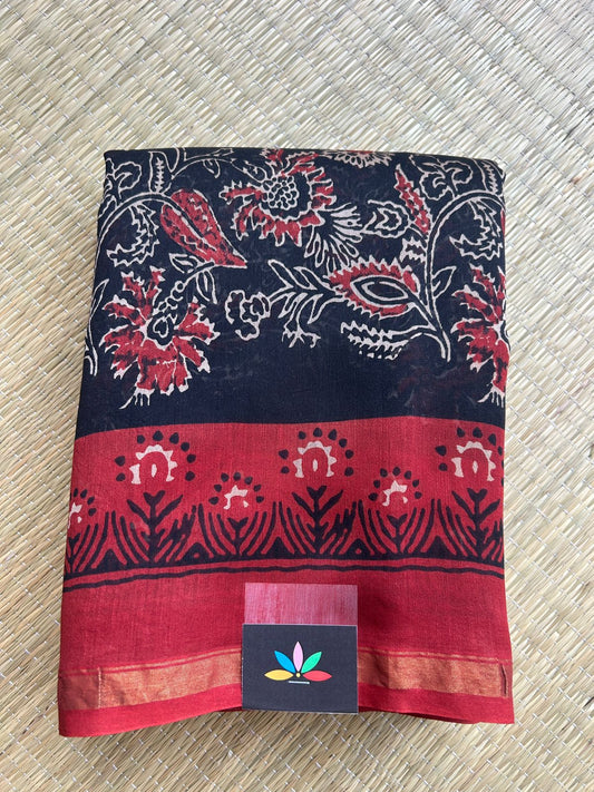 Black Handblock Printed Chanderi Cotton Silk Saree - 32626
