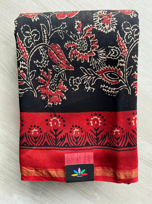 Black Handblock Printed Chanderi Cotton Silk Saree - 32626