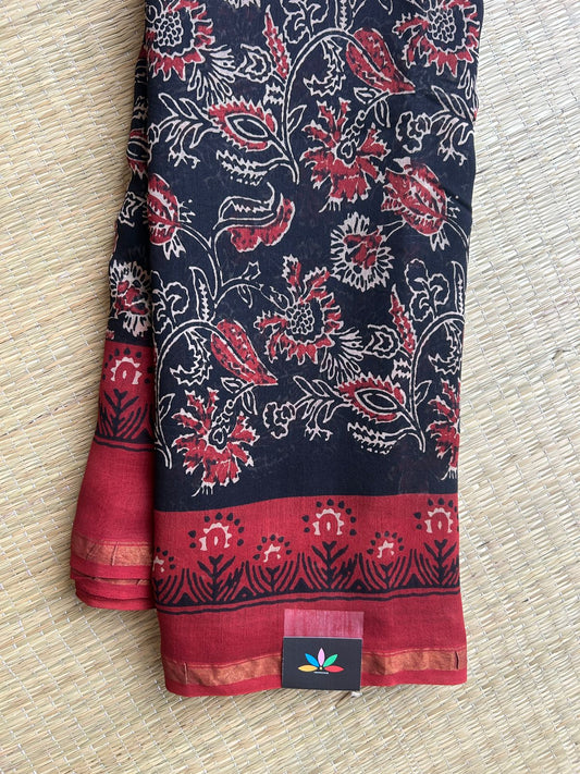 Black Handblock Printed Chanderi Cotton Silk Saree - 32626