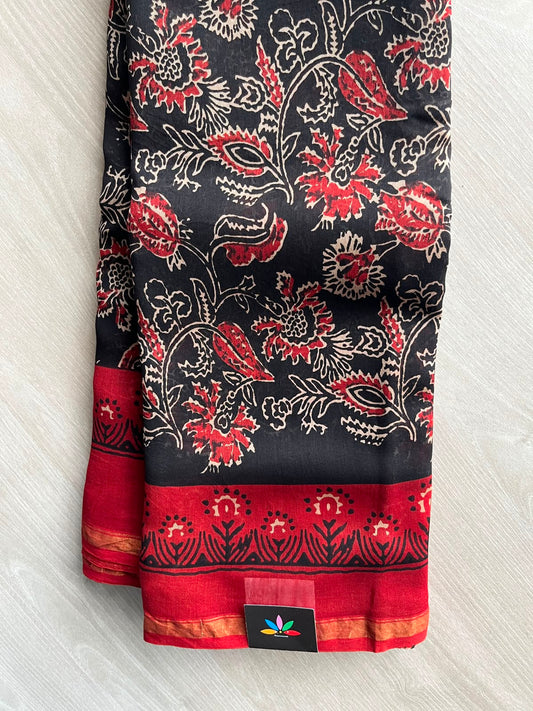 Black Handblock Printed Chanderi Cotton Silk Saree - 32626
