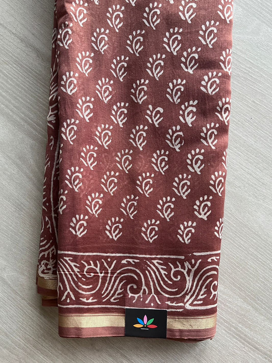 Chestnut Shade Handblock Printed Chanderi Cotton Silk Saree - 32630