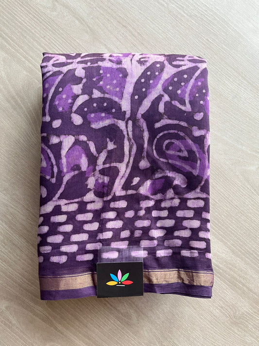 Dark Lilac Shade Handblock Printed Chanderi Cotton Silk Saree - 32631