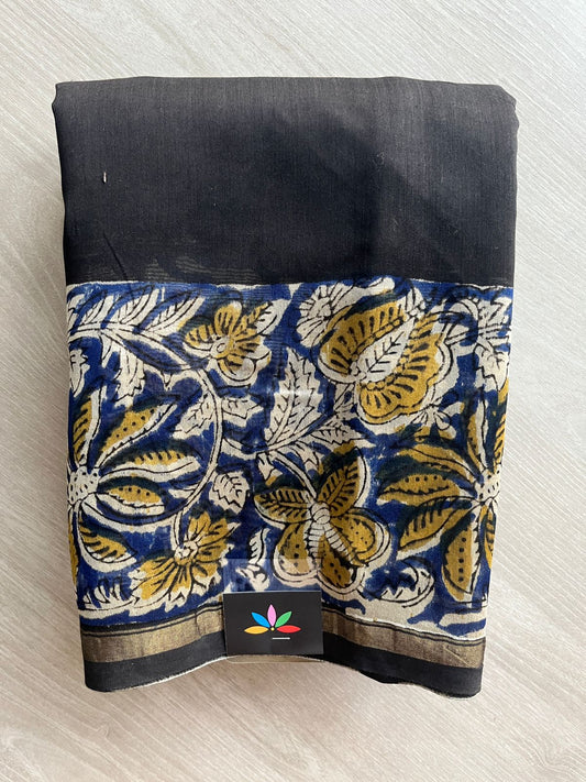Black Handblock Printed Chanderi Cotton Silk Saree - 32632