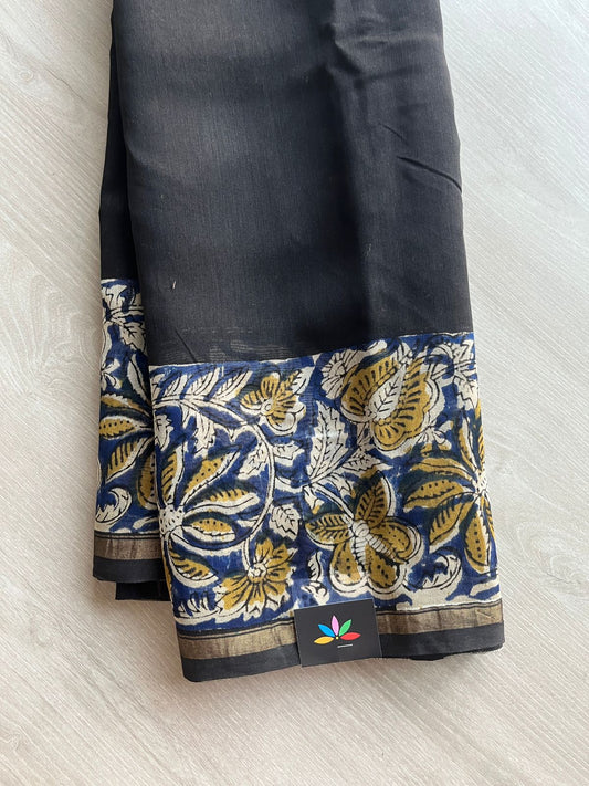 Black Handblock Printed Chanderi Cotton Silk Saree - 32632