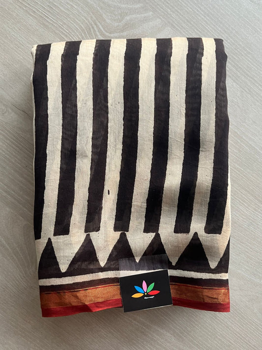 Light Beige with Stripe Pattern Handblock Printed Chanderi Cotton Silk Saree - 32633