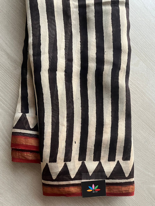 Light Beige with Stripe Pattern Handblock Printed Chanderi Cotton Silk Saree - 32633