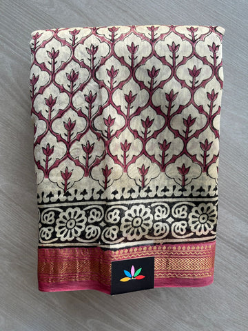 Handblock Printed Zari Border Chanderi Cotton Silk Saree - 32641