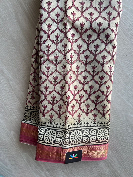 Handblock Printed Zari Border Chanderi Cotton Silk Saree - 32641