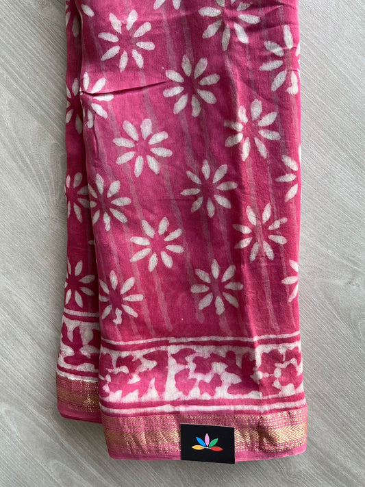 Handblock Printed Zari Border Chanderi Cotton Silk Saree - 32643