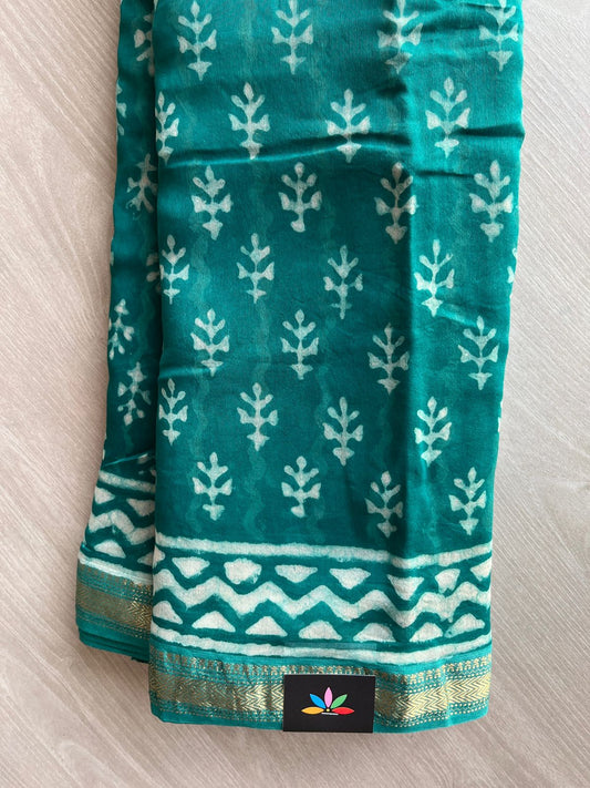 Handblock Printed Zari Border Chanderi Cotton Silk Saree - 32644