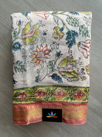 Handblock Printed Zari Border Chanderi Cotton Silk Saree - 32647
