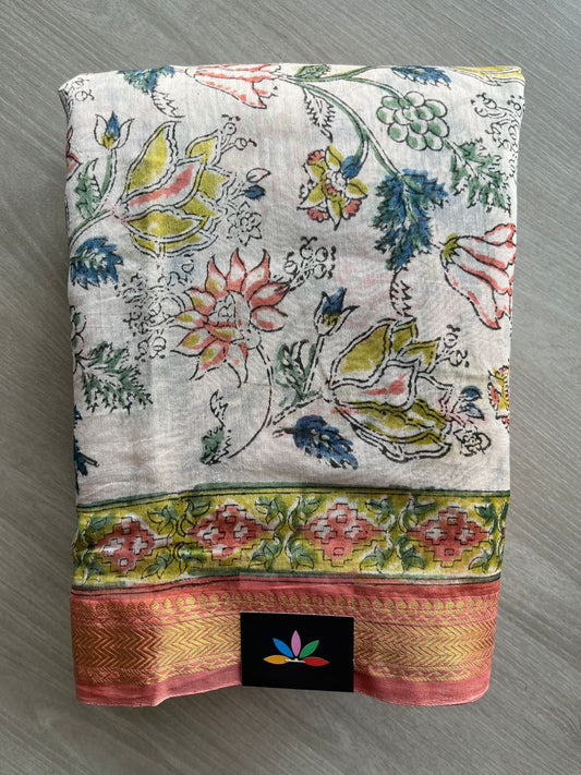 Handblock Printed Zari Border Chanderi Cotton Silk Saree - 32647