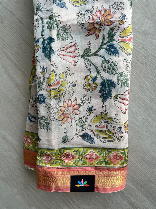 Handblock Printed Zari Border Chanderi Cotton Silk Saree - 32647