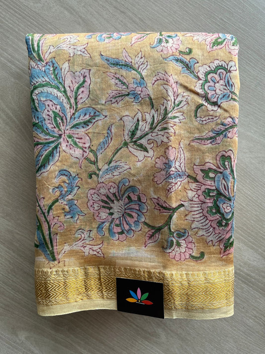 Handblock Printed Zari Border Chanderi Cotton Silk Saree - 32648