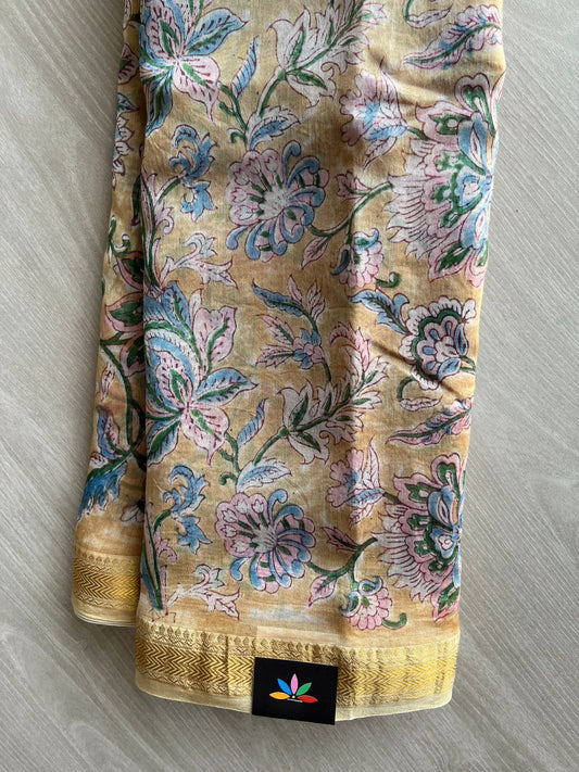Handblock Printed Zari Border Chanderi Cotton Silk Saree - 32648