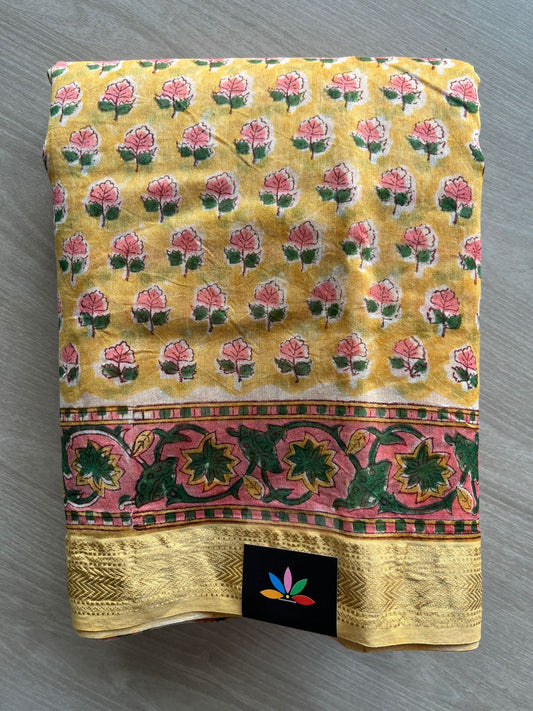 Handblock Printed Zari Border Chanderi Cotton Silk Saree - 32651