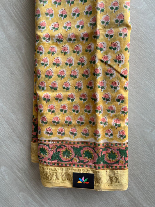 Handblock Printed Zari Border Chanderi Cotton Silk Saree - 32651