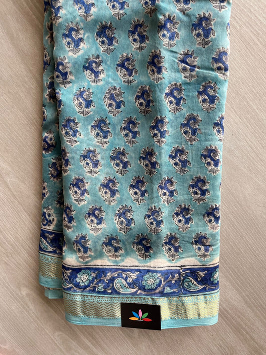 Handblock Printed Zari Border Chanderi Cotton Silk Saree - 32652