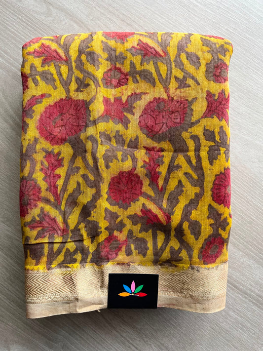 Mustard Yellow Natural Dyed Zari Border Chanderi Cotton Silk Saree - 33448