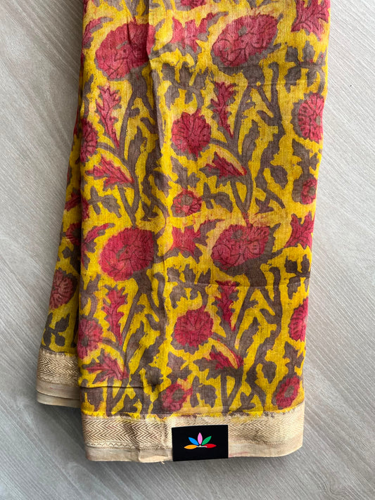 Mustard Yellow Natural Dyed Zari Border Chanderi Cotton Silk Saree - 33448