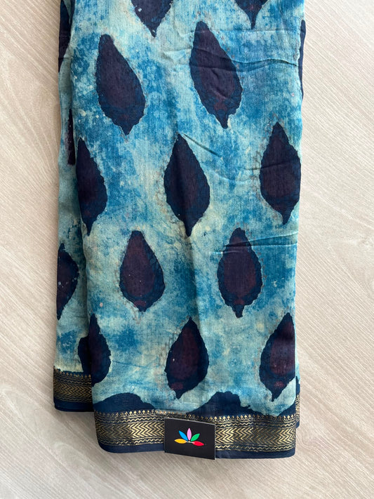Cerulean Blue Natural Dyed Zari Border Chanderi Cotton Silk Saree - 33449