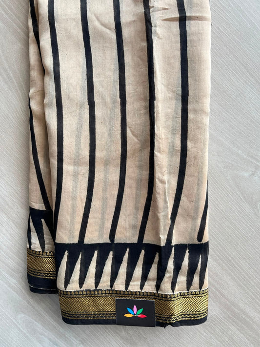 Light Beige Stripes Zari Border Chanderi Cotton Silk Saree - 33460