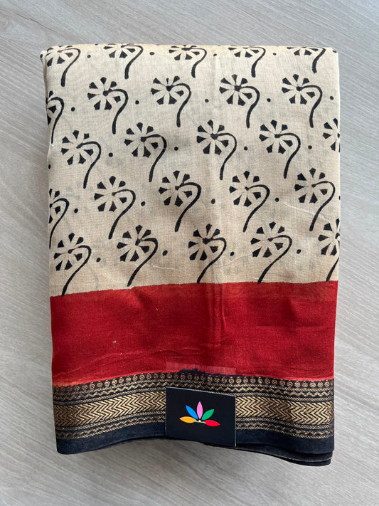Light Beige Zari Border Chanderi Cotton Silk Saree - 33462
