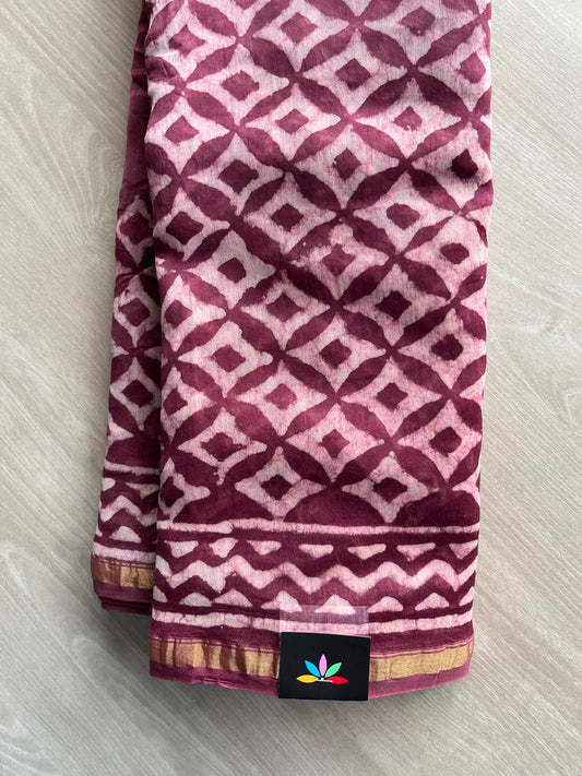 Old Mauve Handblock Printed Chanderi Cotton Silk Saree - 33726