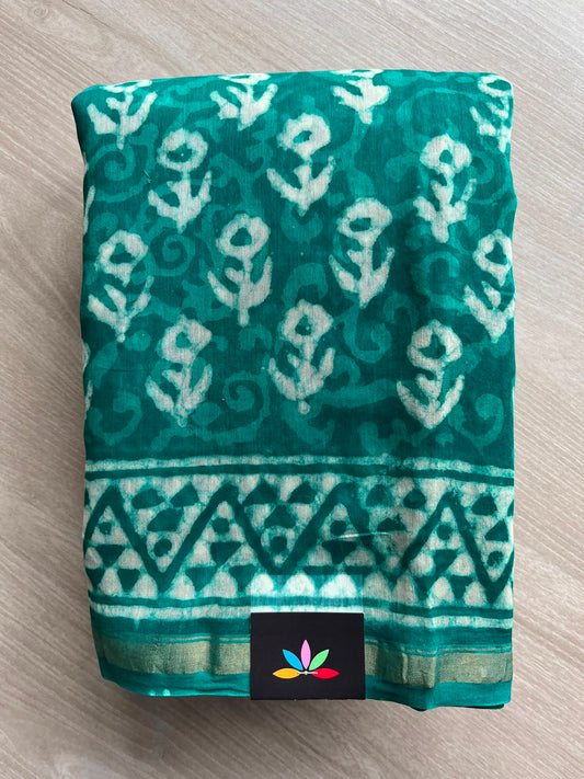 Teal Blue Handblock Printed Chanderi Cotton Silk Saree - 33727