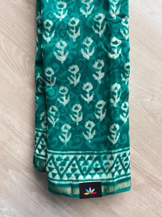Teal Blue Handblock Printed Chanderi Cotton Silk Saree - 33727