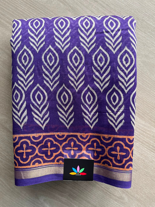 Purple Handblock Printed Chanderi Cotton Silk Saree - 33735-33736