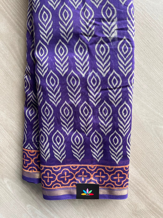 Purple Handblock Printed Chanderi Cotton Silk Saree - 33735-33736