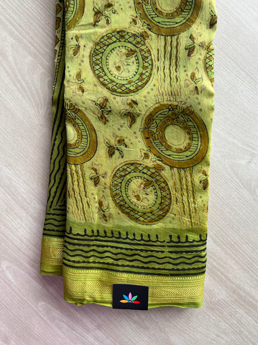 Light Avocado Green Natural Dyed Zari Border Chanderi Cotton Silk Saree - 33742