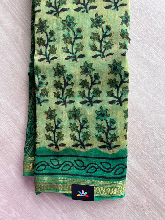 Light Olive Green Natural Dyed Zari Border Chanderi Cotton Silk Saree - 33746