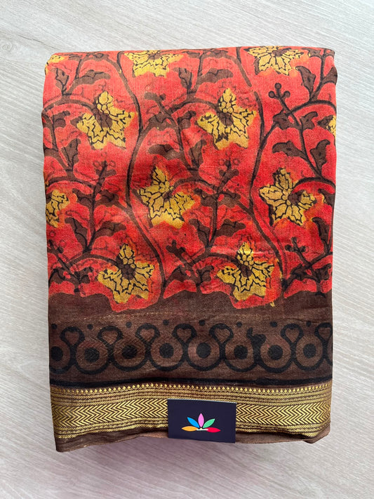 Blunt Vermillion Natural Dyed Zari Border Chanderi Cotton Silk Saree - 33747