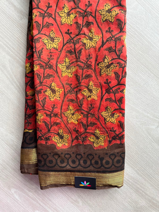 Blunt Vermillion Natural Dyed Zari Border Chanderi Cotton Silk Saree - 33747
