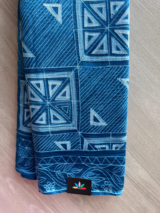 Yale Blue Hand Stitched Shibori Fine Cotton Silk Saree - 33424