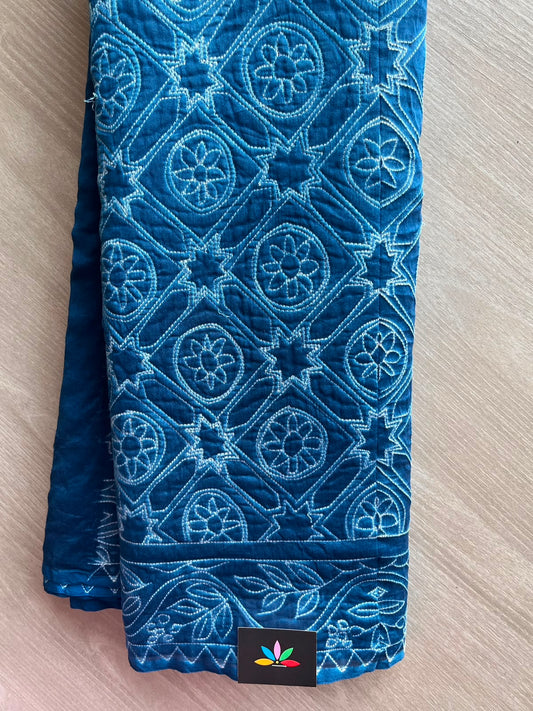 Yale Blue Hand Stitched Shibori Fine Cotton Silk Saree - 33427