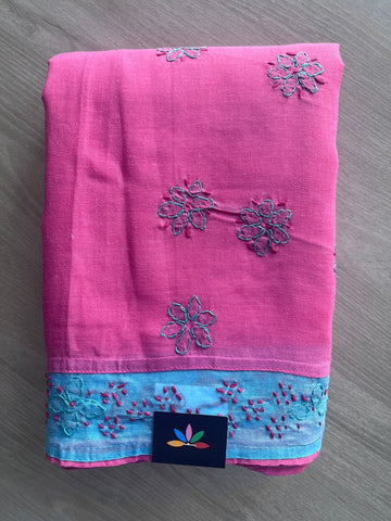 Contrast Border Hand Embroidered  Voile Cotton Saree - 28308